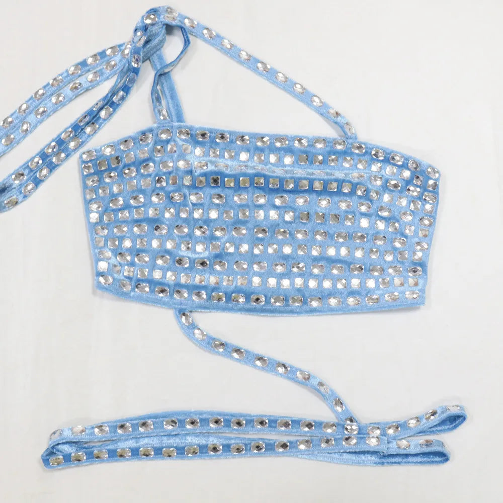 Women's Two-Piece Set Strapless Crop Top Rhinestones Skinny Fit Long Pants Casual Solid Short