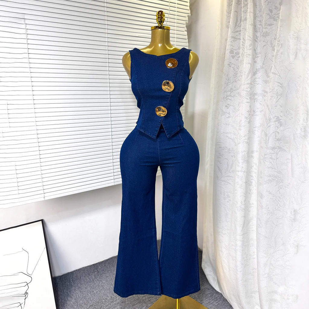 Woman Denim 2Pcs Set Sleeveless Metal Buckle Denim Top with Wide Leg Jeans Pant