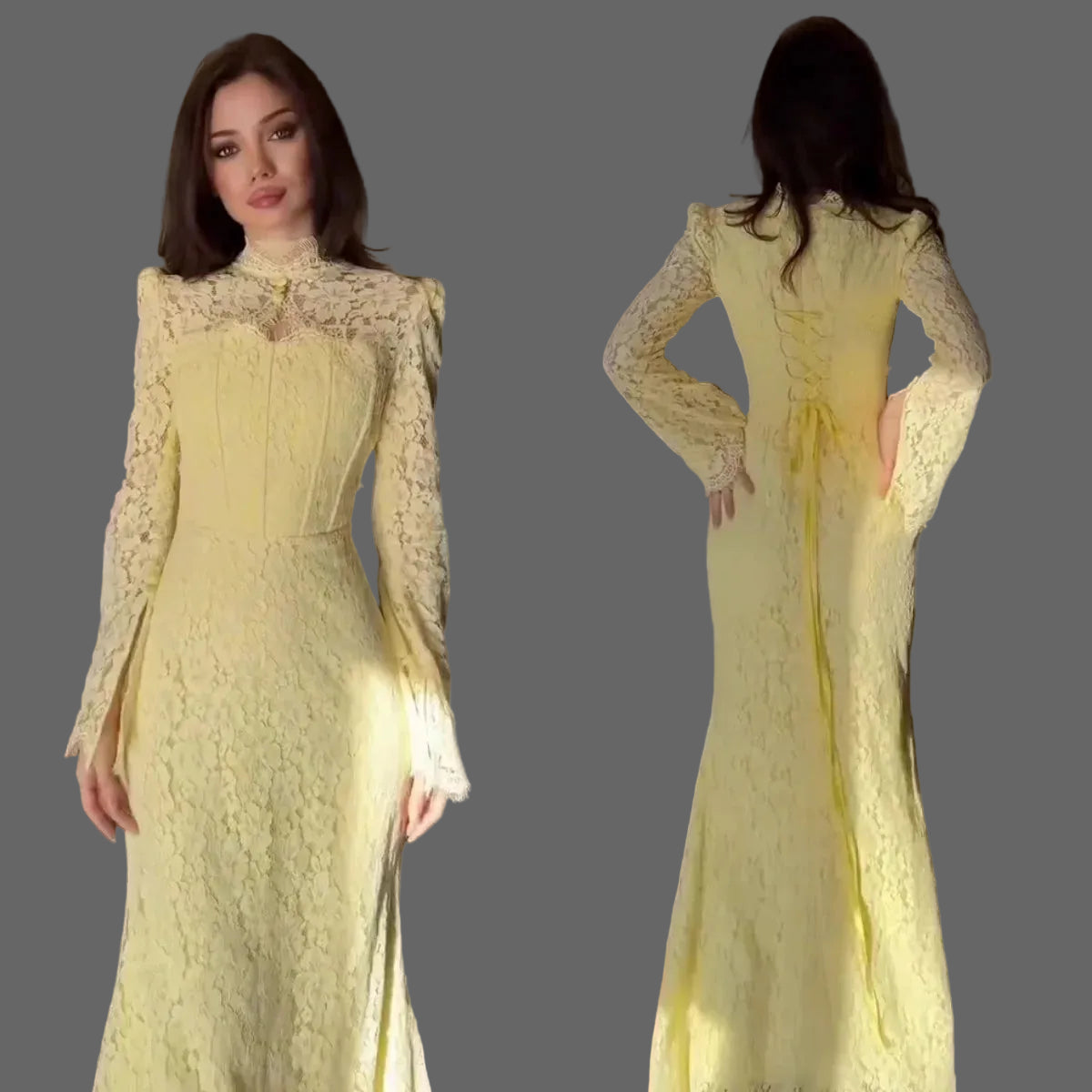 Mermaid Maxi Dress Long Sleeve Corset Back Lace-Up Formal Evening Party Gown
