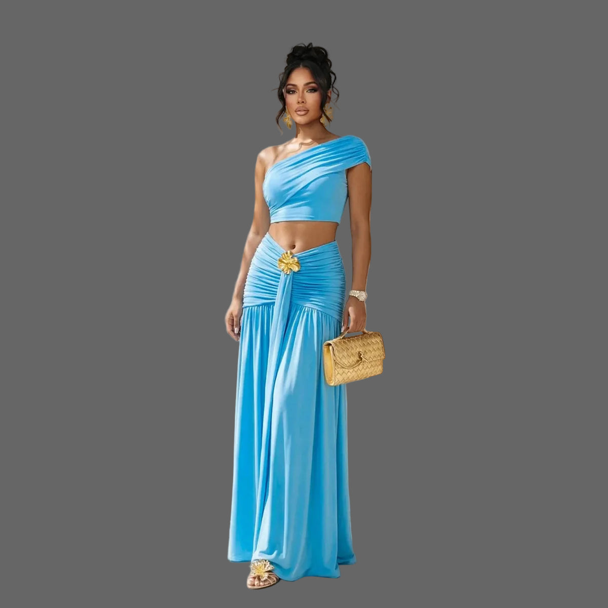 Two-Piece Set One Shoulder Crop Top & High Waist Maxi Skirt with Gold Flower