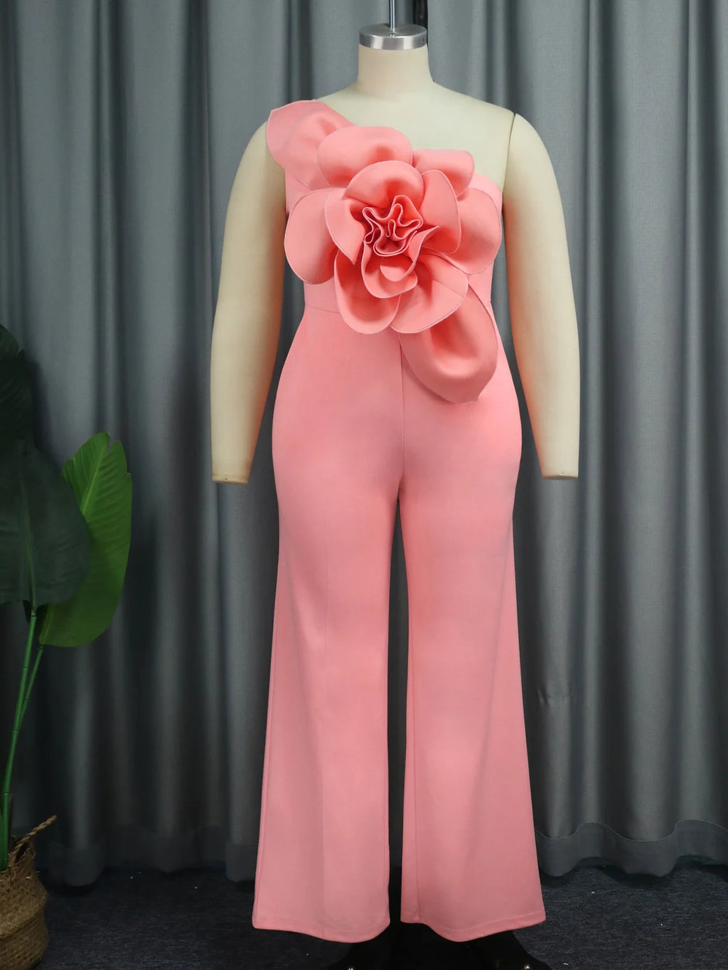 High Waist Casual One Shoulder Stylish Pink Big Flower Patchwork Lady Classy Jumpsuit