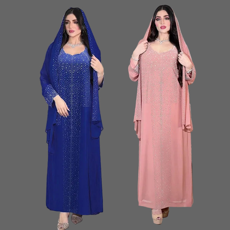 Women Elegant Rhinestone Arabian Islamic Clothing Robe Femme Modest Kleid Abaya Dress With Scarf