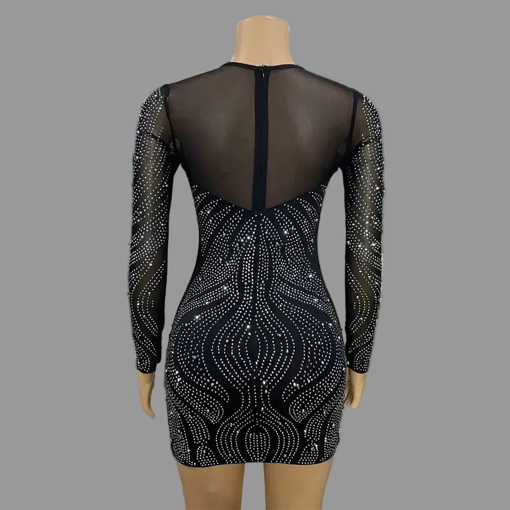 Black Long Sleeve Mesh Rhinestone Bodycon Mini Dress Embellished Evening Party Club Dress for Women