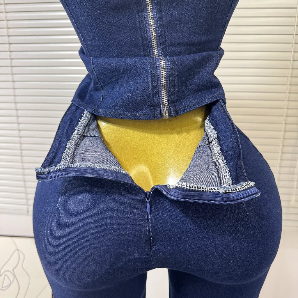 Woman Denim 2Pcs Set Sleeveless Metal Buckle Denim Top with Wide Leg Jeans Pant