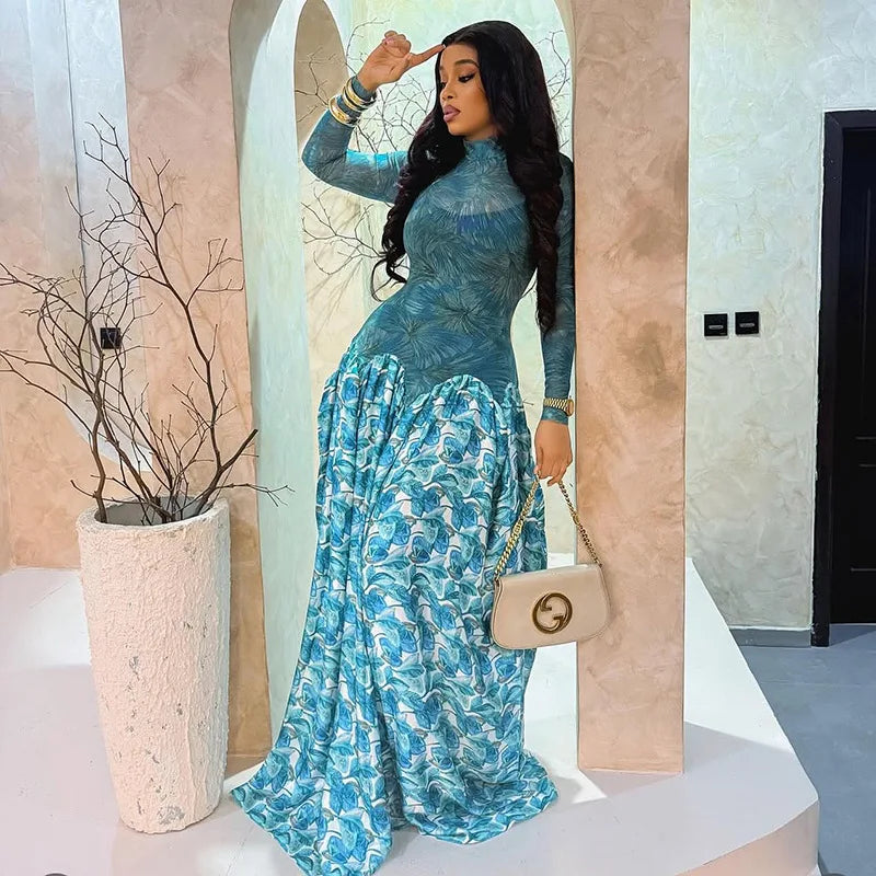 Print Long Sleeve Women Dresses Stretchy Mesh Flare Maxi Dress Lady Outfits S-XL
