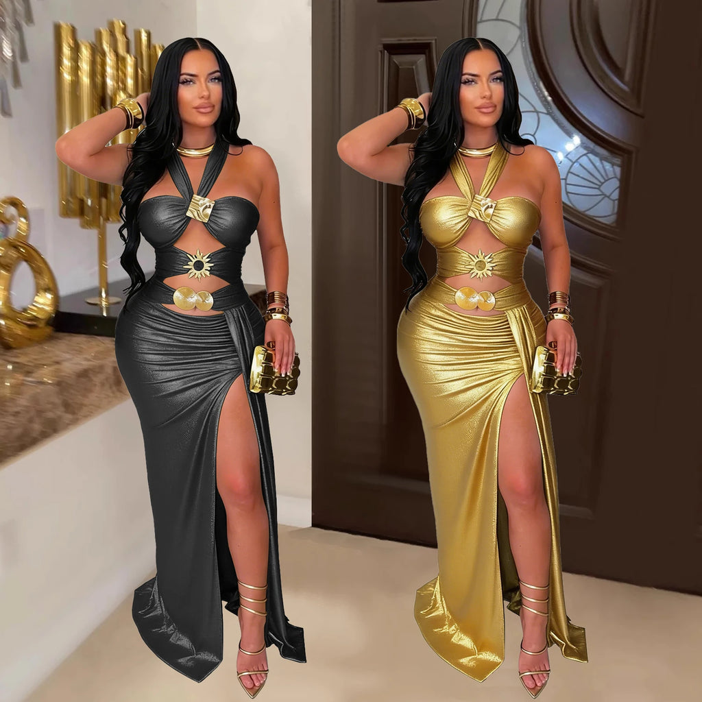 Women's Metallic Halter Cutout Maxi Dress High Slit Ruched Bodycon Evening Party Gown