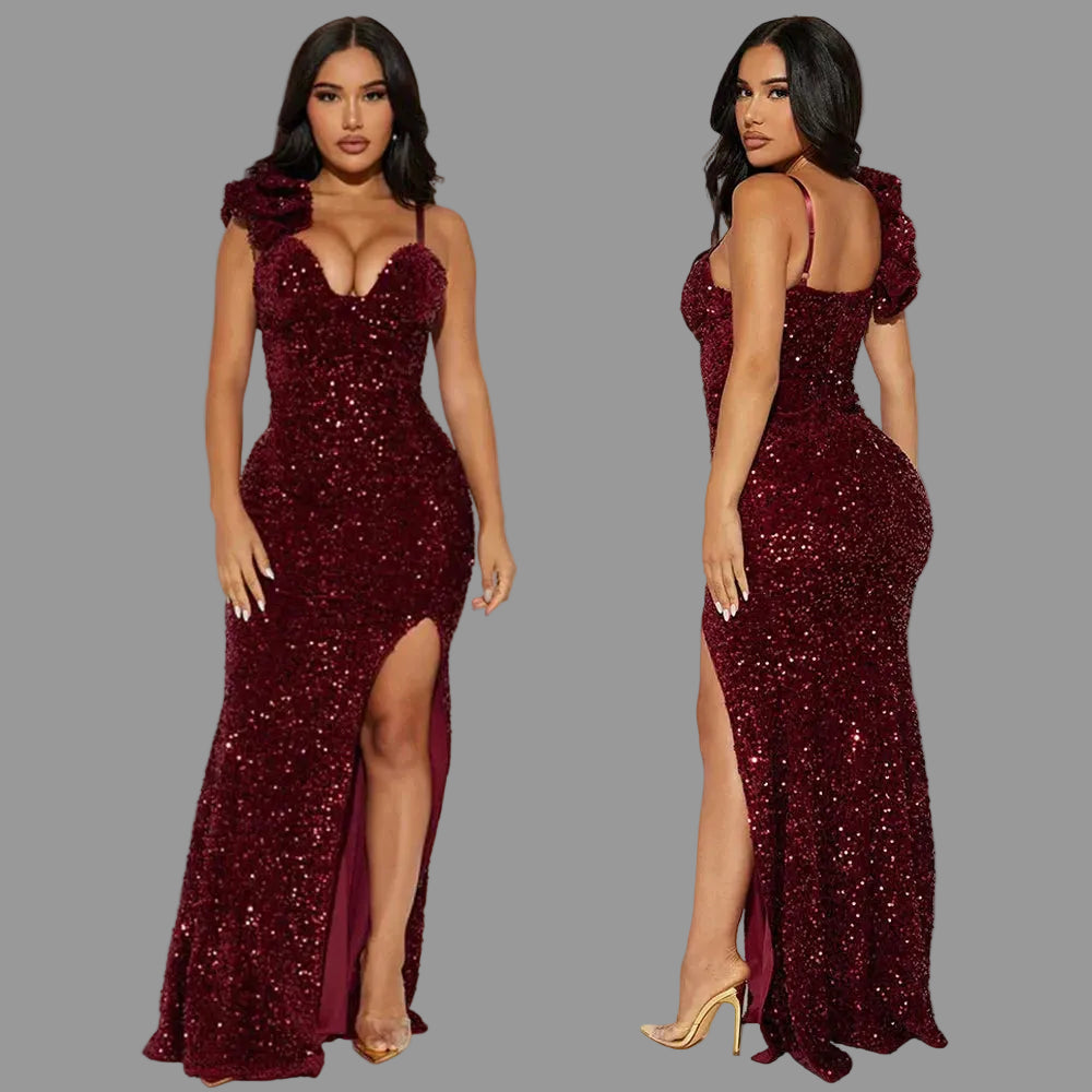 Spaghetti Strap Prom Dresses Sequin Ball Activity Dressing Women Evening Maxi Slit Dress