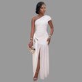 One Shoulder Ruched Mesh Maxi Dress Metal Buckle High Slit Pleated Hem Party Gown