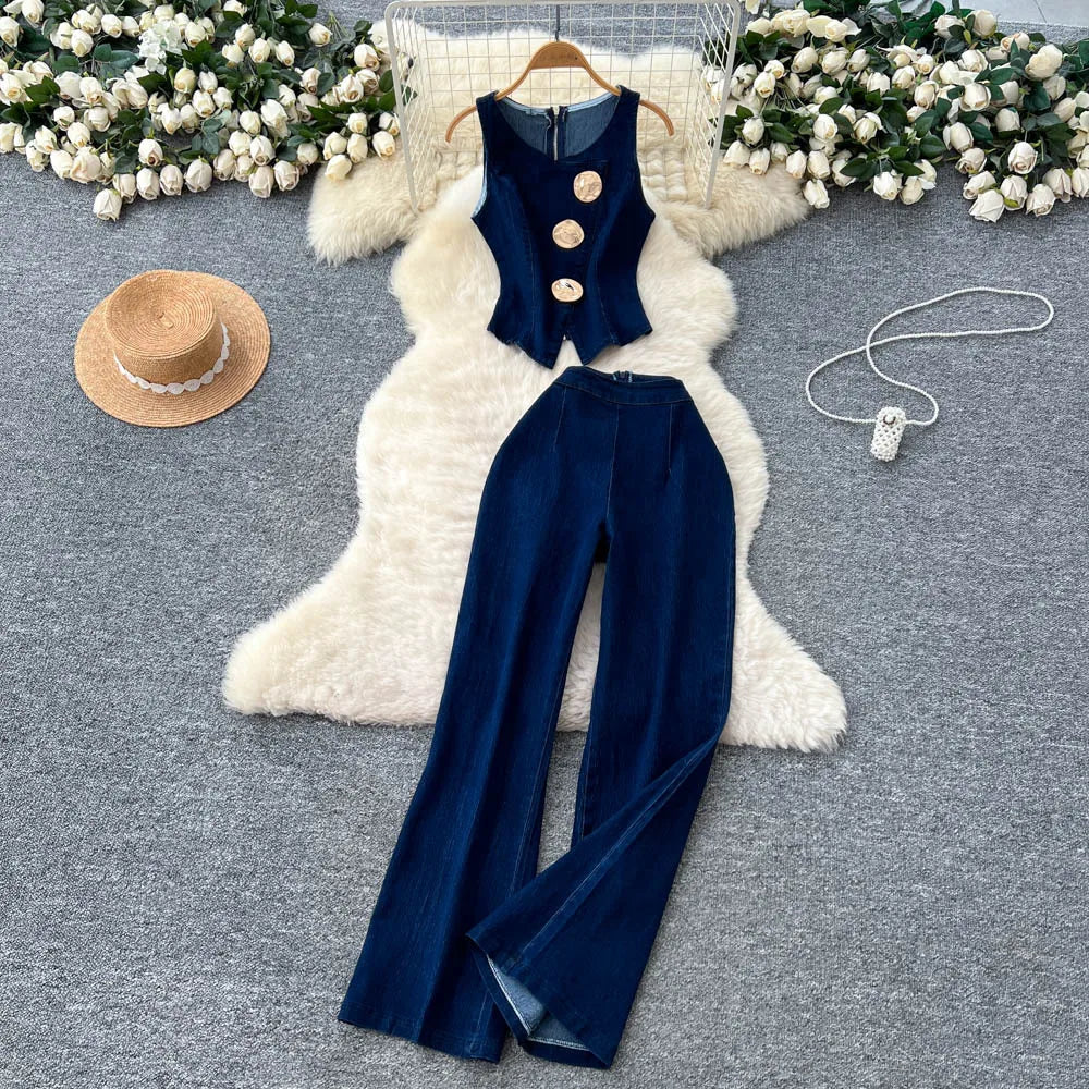 Woman Denim 2Pcs Set Sleeveless Metal Buckle Denim Top with Wide Leg Jeans Pant