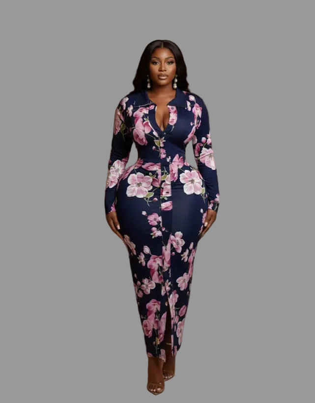 Chunya New in Tropical Floral Print Bodycon Maxi Dress Long Sleeve Collared Wrap Evening Gown with Front Slit