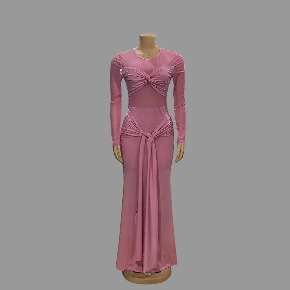 Woman Ruched Maxi Dress Long Sleeve Mesh Pleated Bodycon Femme Robe for Party Club Birthday