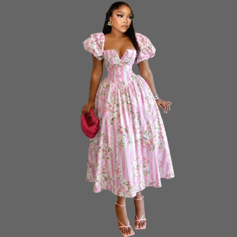 Puff Sleeve Square Neck Floral Stripe Midi Dress Woman Smocked Back Lace up Corset a Line Summer Long Dress