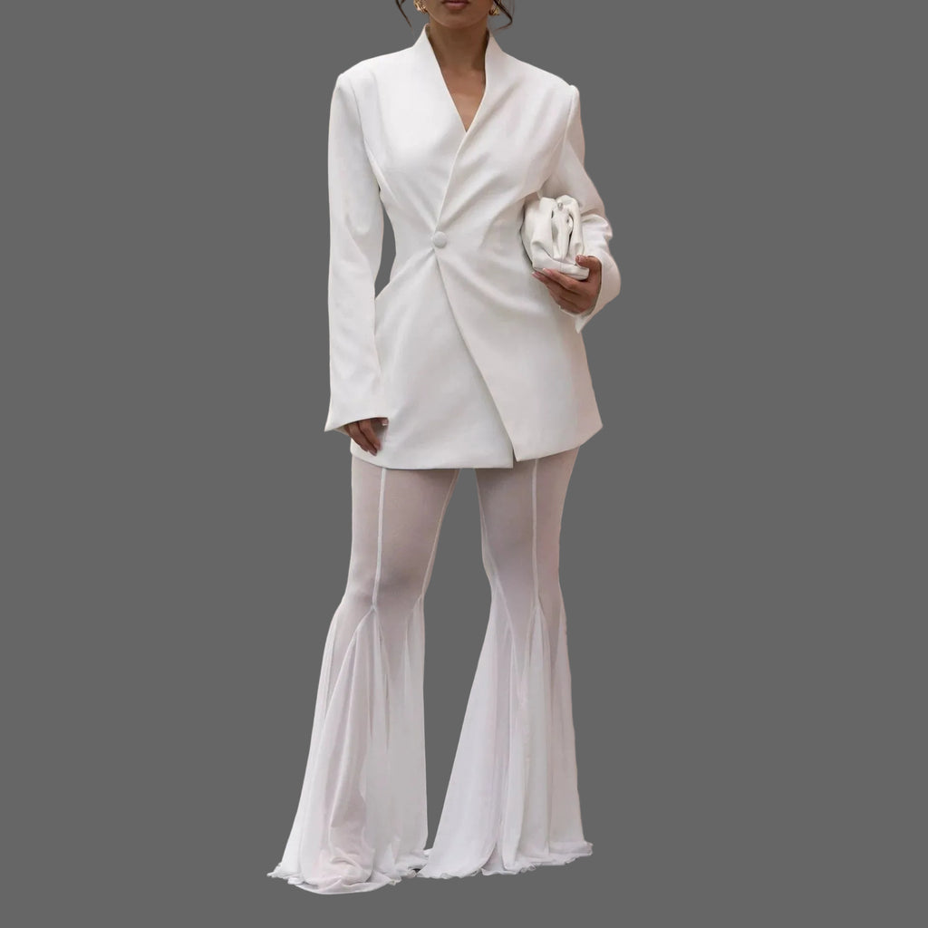 Women Solid Casual One Button Fitted Blazer Two Piece Set Sheer Mesh Flare Bell Bottom Pants Party Suit