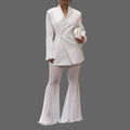 Women Solid Casual One Button Fitted Blazer Two Piece Set Sheer Mesh Flare Bell Bottom Pants Party Suit