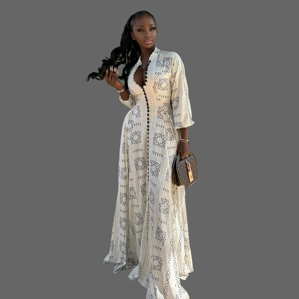 Print V-neck Button Down Flowy Maxi Dress Woman V-neck Casual Long Dress for Vacation Daily