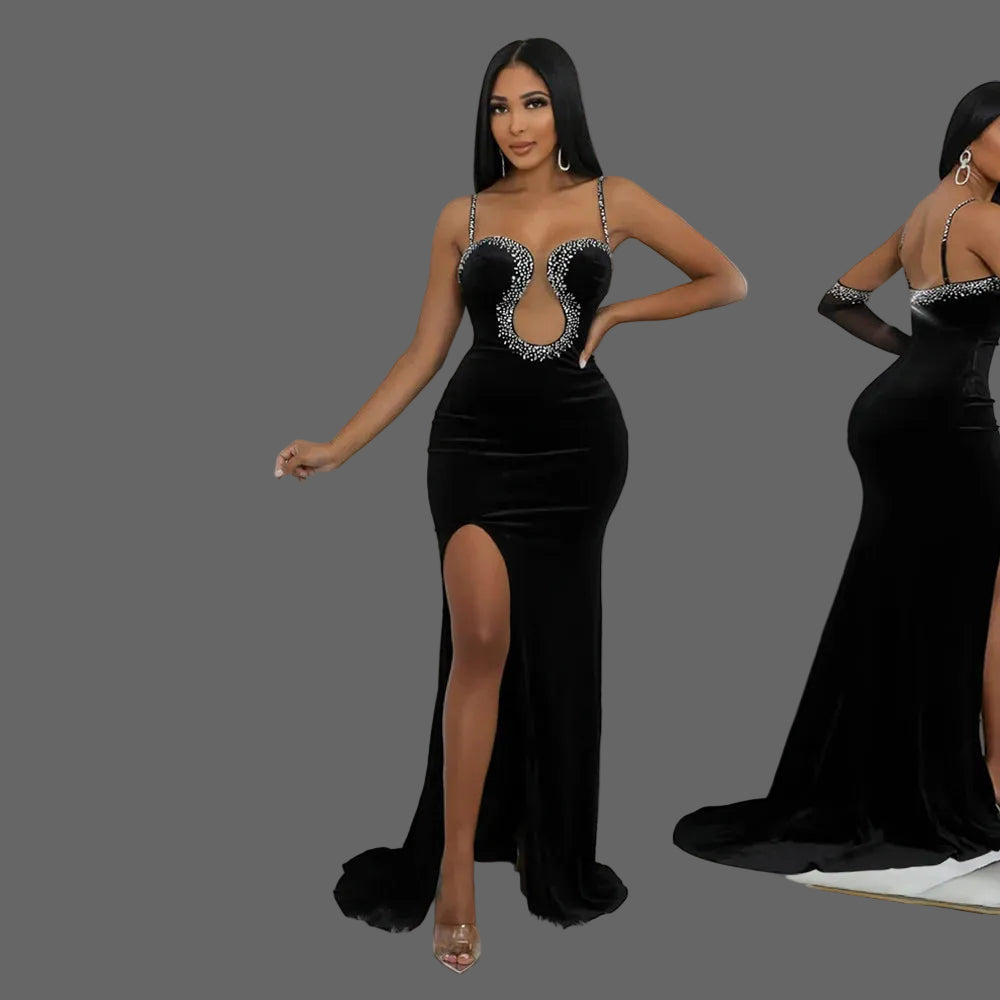 High-end Rhinestone Spaghetti Strap A-Line Ankle-Length Milk Silk Evening Dress Back Slit for Dinner Luxury