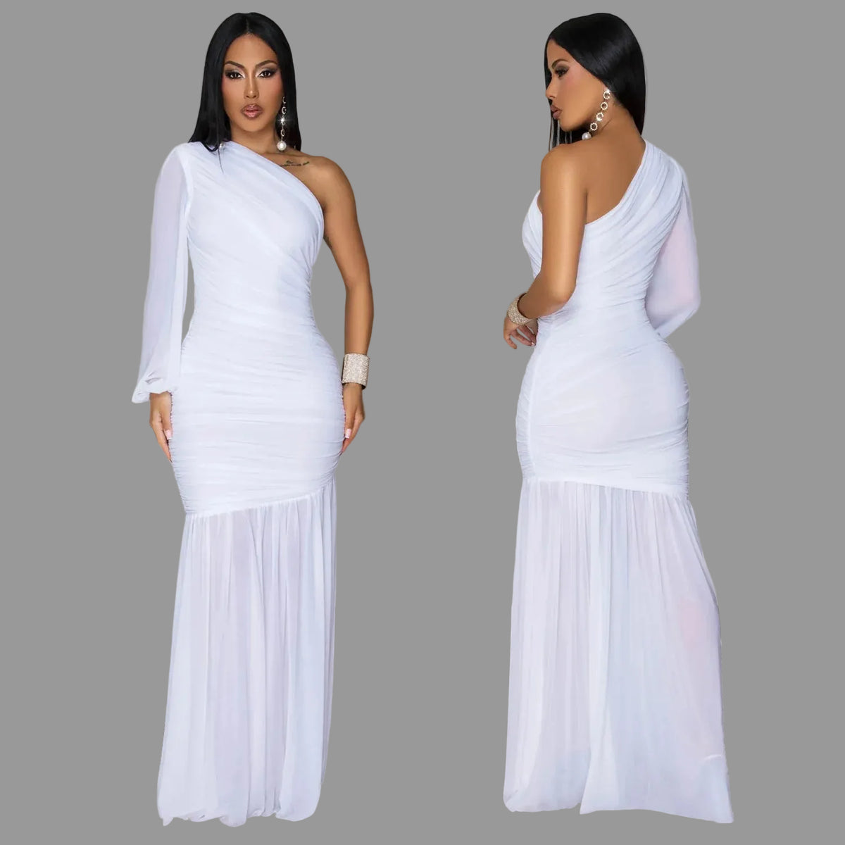 One Shoulder Single Long Sleeve Ruched Mesh Mermaid Maxi Dress