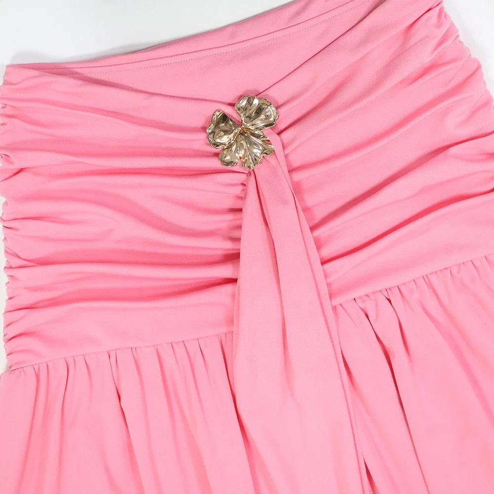 Two-Piece Set One Shoulder Crop Top & High Waist Maxi Skirt with Gold Flower