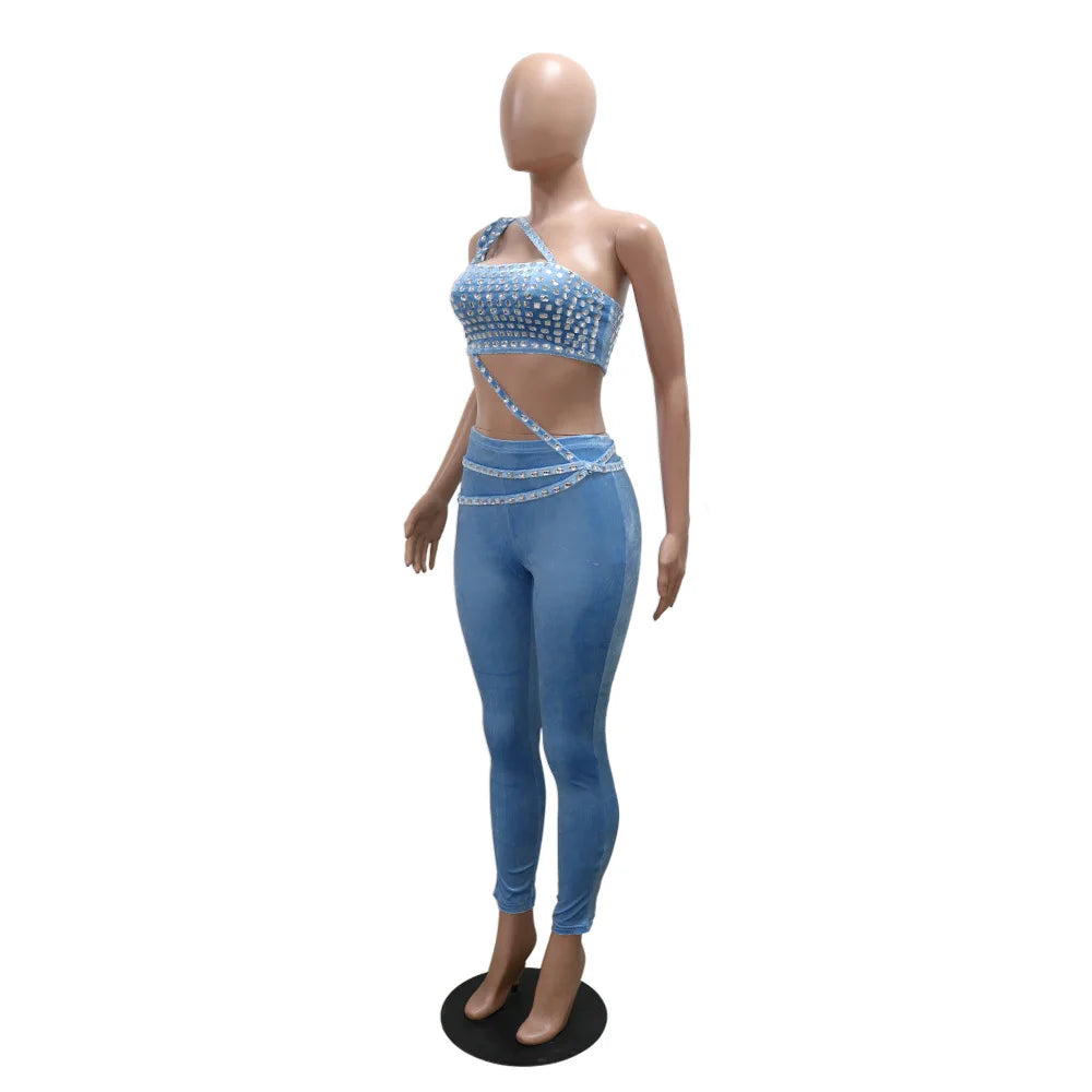 Women's Two-Piece Set Strapless Crop Top Rhinestones Skinny Fit Long Pants Casual Solid Short