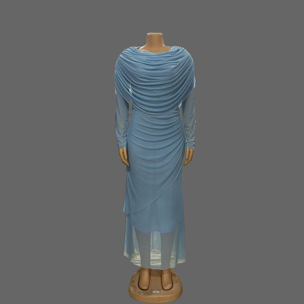 Huda Draped Dress Woman Ruched Maxi Dress Long Sleeve Slim Fit Dinner Gown