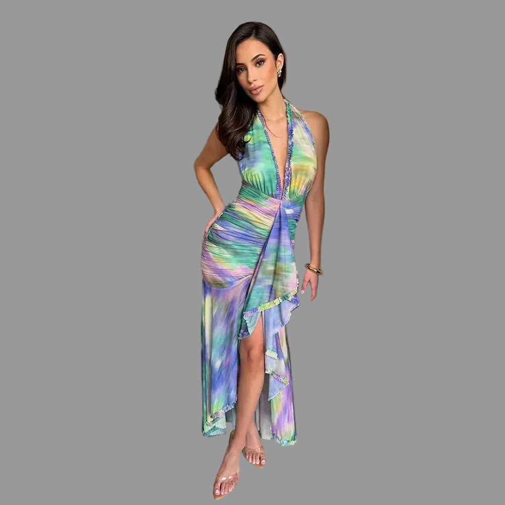 Halter Neck Polka Dot & Tie-Dye Midi Dress Deep V Ruched Sheer Mesh Ruffle Hem Party Dress for Women