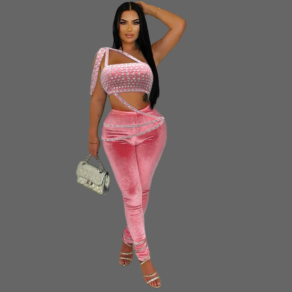 Women's Two-Piece Set Strapless Crop Top Rhinestones Skinny Fit Long Pants Casual Solid Short