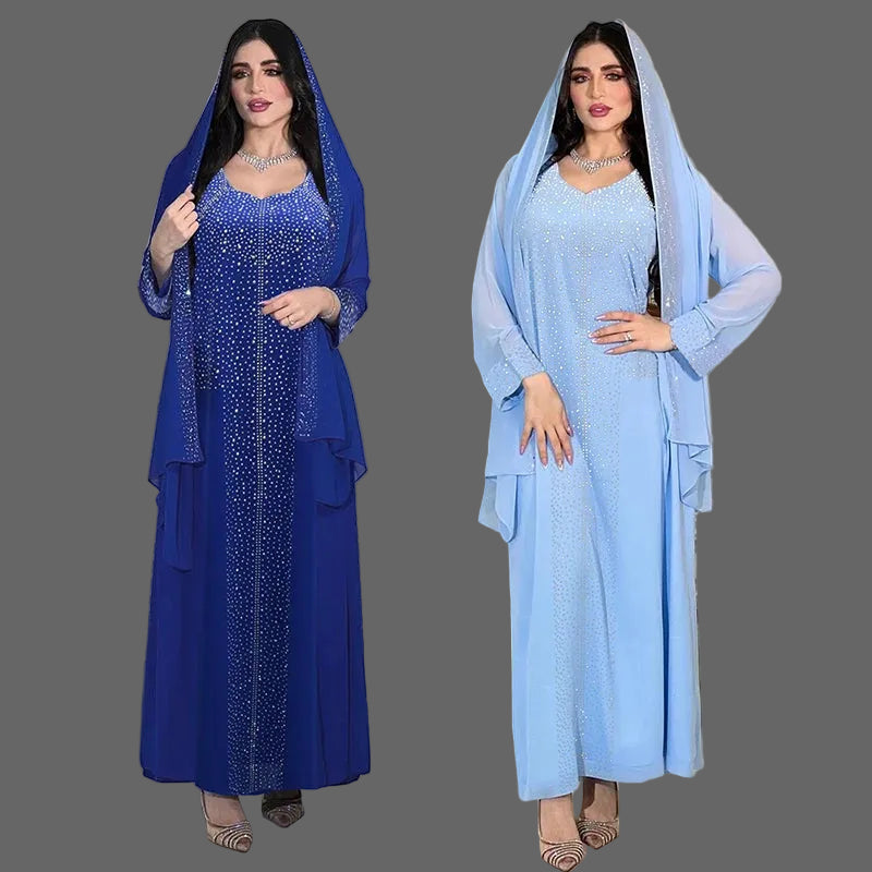 Women Elegant Rhinestone Arabian Islamic Clothing Robe Femme Modest Kleid Abaya Dress With Scarf