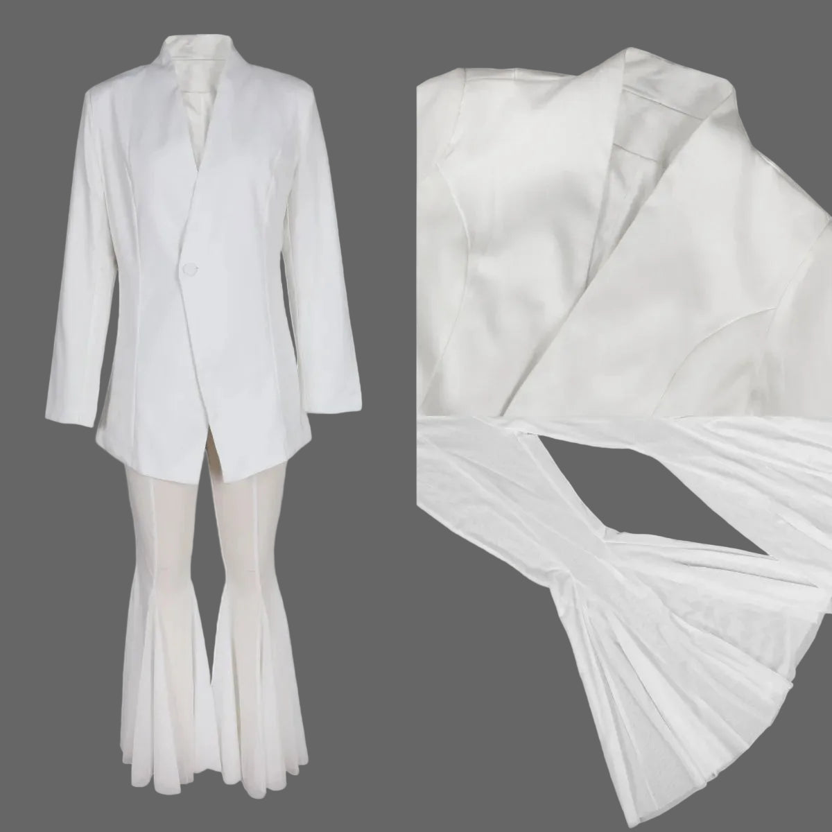 Women Solid Casual One Button Fitted Blazer Two Piece Set Sheer Mesh Flare Bell Bottom Pants Party Suit
