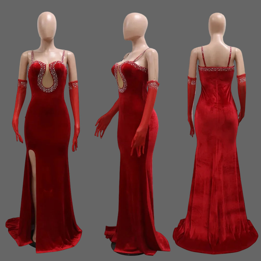 High-end Rhinestone Spaghetti Strap A-Line Ankle-Length Milk Silk Evening Dress Back Slit for Dinner Luxury