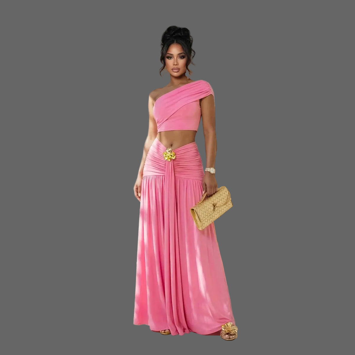 Two-Piece Set One Shoulder Crop Top & High Waist Maxi Skirt with Gold Flower