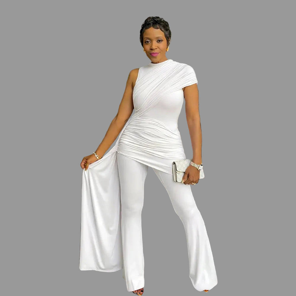 One-Shoulder Draped Ruched Flared Jumpsuit Ruched Bodycon Flare Leg Romper for Woman Casual Dressing