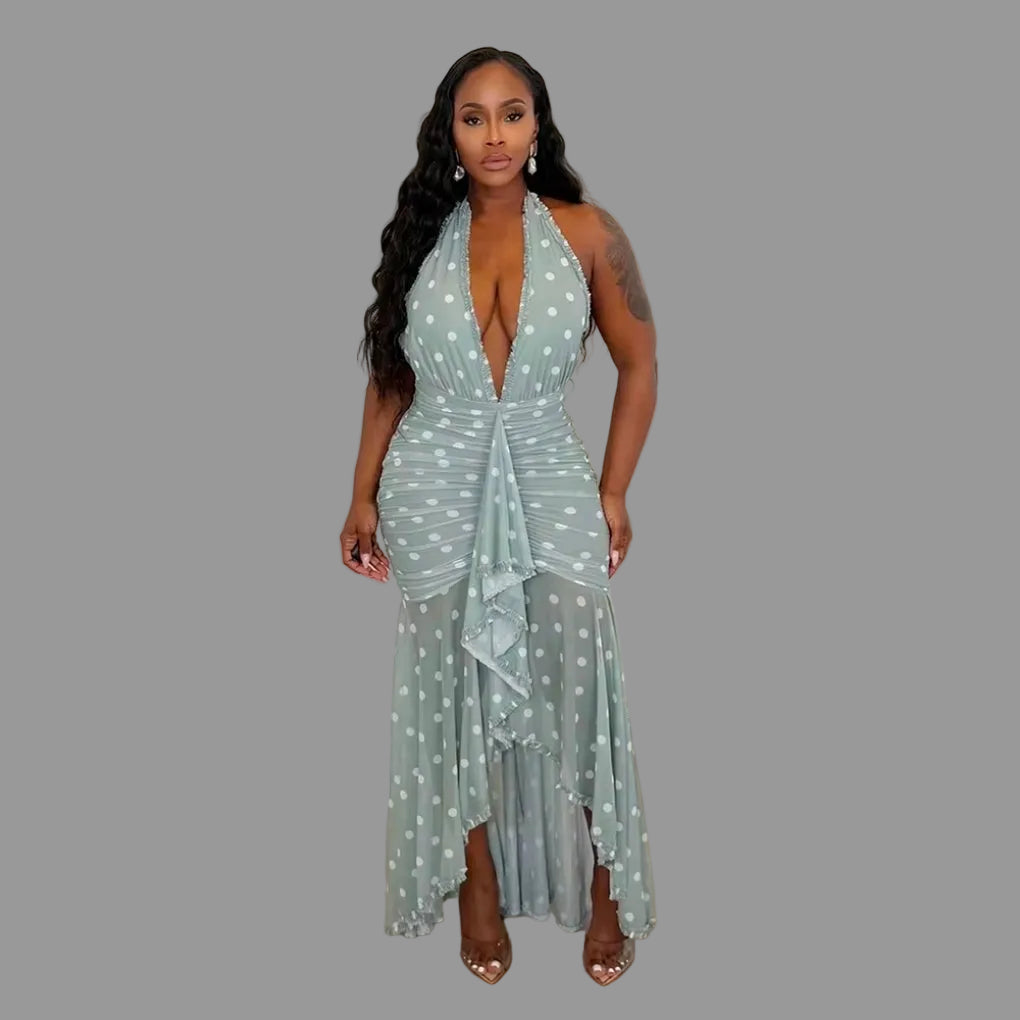 Halter Neck Polka Dot & Tie-Dye Midi Dress Deep V Ruched Sheer Mesh Ruffle Hem Party Dress for Women