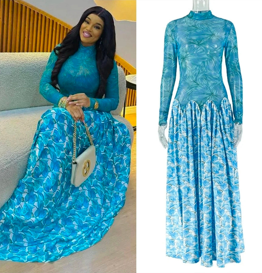 Print Long Sleeve Women Dresses Stretchy Mesh Flare Maxi Dress Lady Outfits S-XL