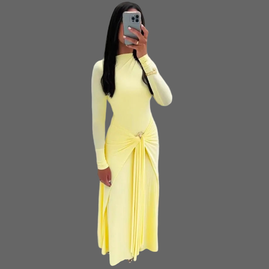 Solid Cute Ruched Maxi Dress Woman Asymmetrical Natural Regular Fit Eco-Friendly Bodycon Silhouette for Birthday Club