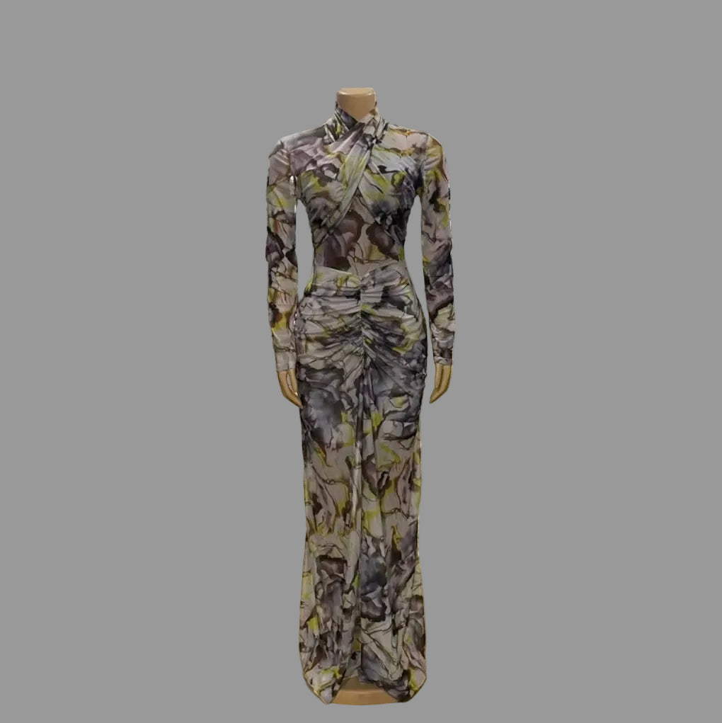 Tie Dye Print Ruched High Neck Long Sleeve Bodycon Maxi Dress Woman Casual Daily Dresses