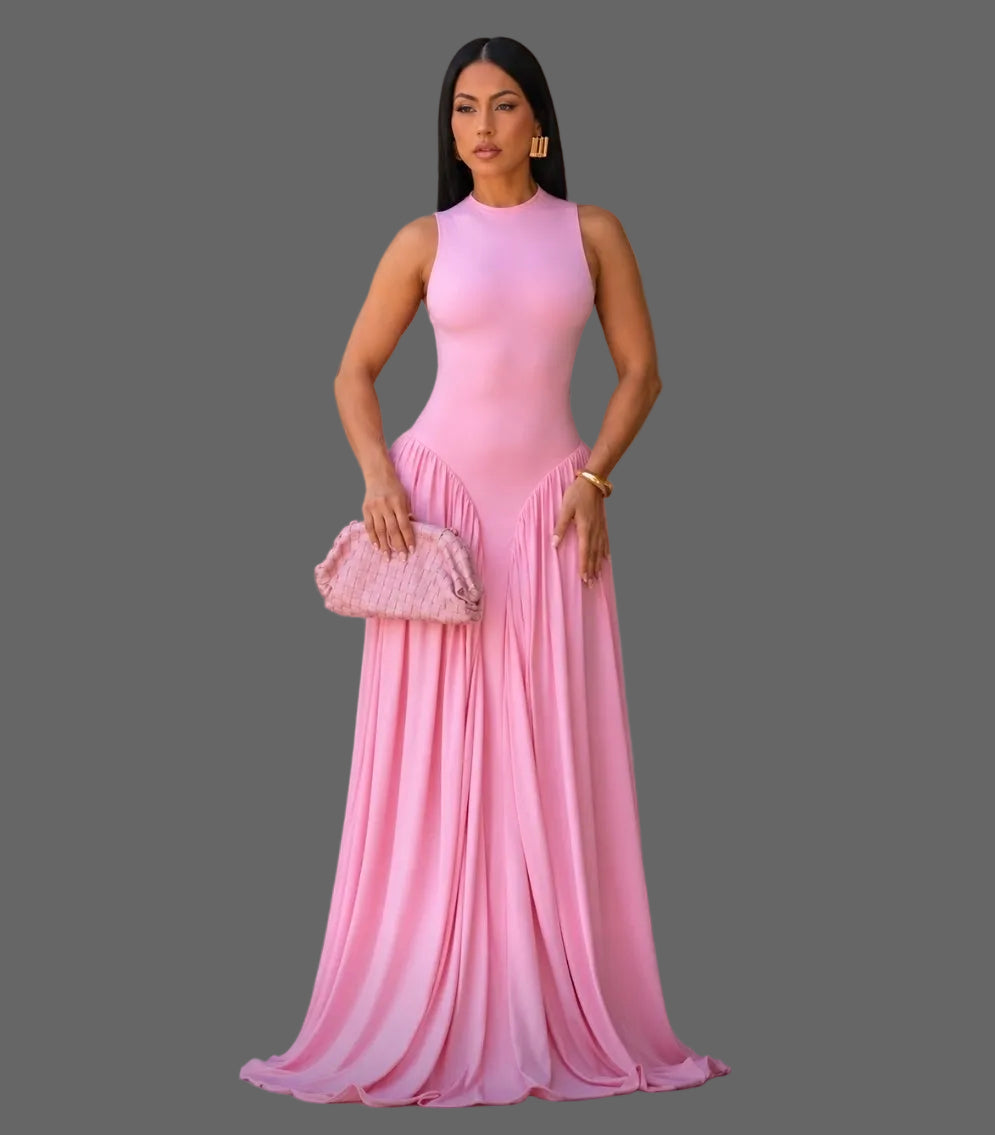 Summer Woman Maxi Dress Stretchy Sleeveless Ruched Bodycon for Daily Dressing