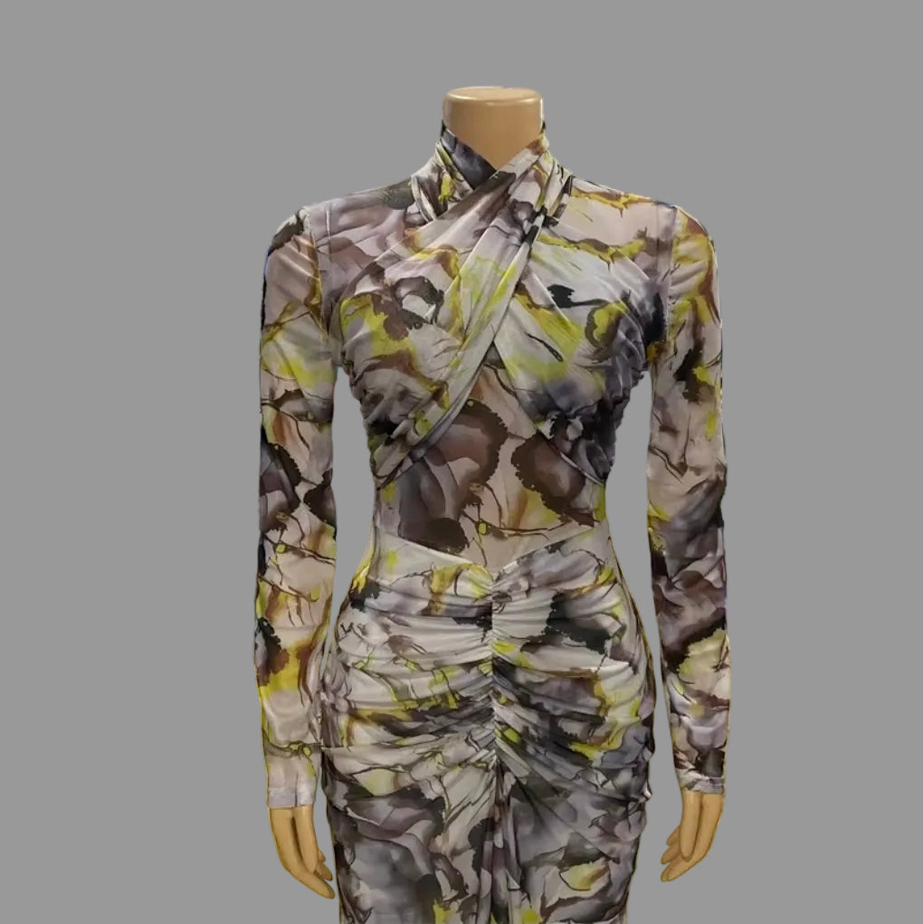 Tie Dye Print Ruched High Neck Long Sleeve Bodycon Maxi Dress Woman Casual Daily Dresses