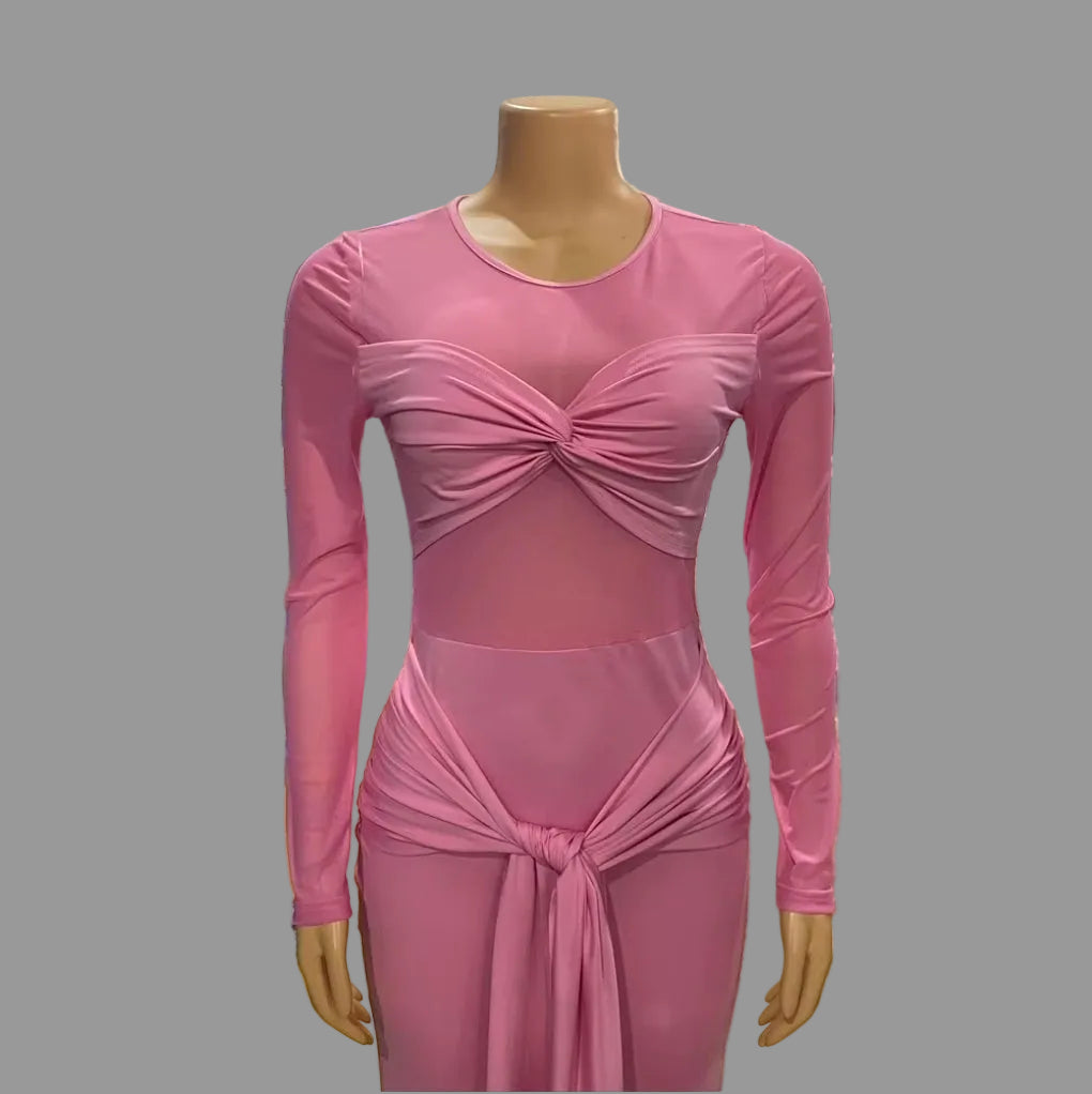 Woman Ruched Maxi Dress Long Sleeve Mesh Pleated Bodycon Femme Robe for Party Club Birthday