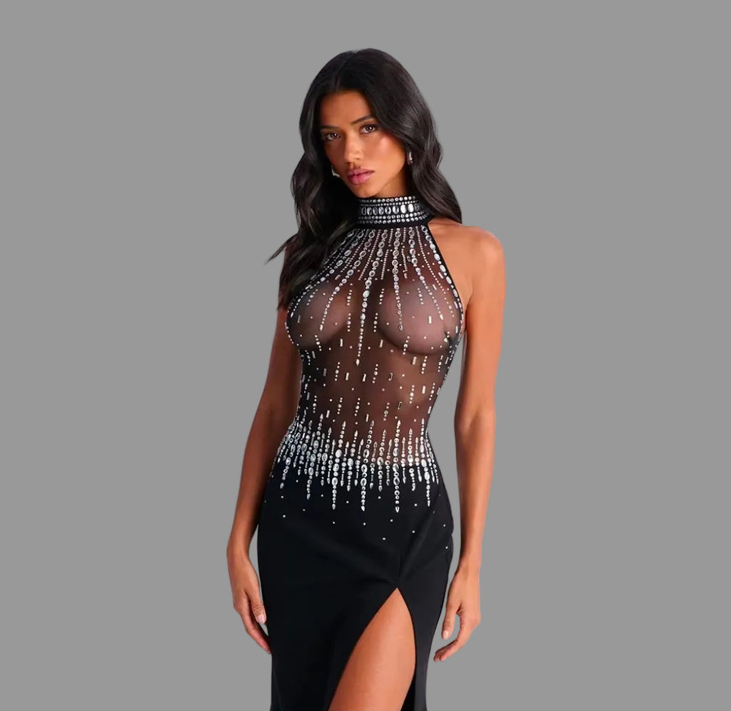 Rhinestone Maxi Dress Empire Waist Milk Silk Eco-Friendly Bodycon Sleeveless Evening Dress for Party Club