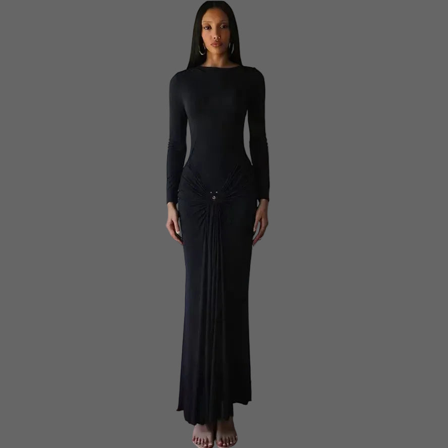 Solid Cute Ruched Maxi Dress Woman Asymmetrical Natural Regular Fit Eco-Friendly Bodycon Silhouette for Birthday Club
