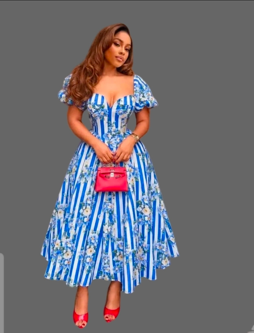 Puff Sleeve Square Neck Floral Stripe Midi Dress Woman Smocked Back Lace up Corset a Line Summer Long Dress