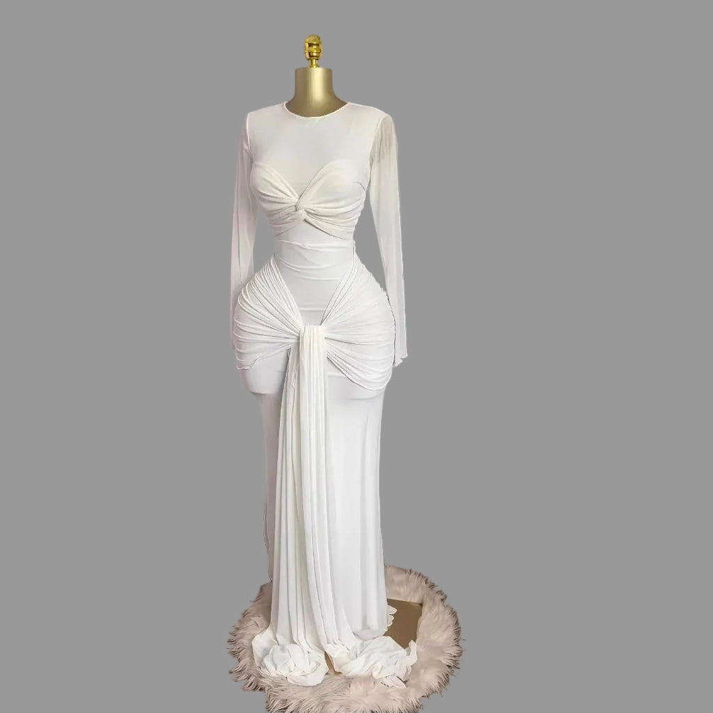 Woman Ruched Maxi Dress Long Sleeve Mesh Pleated Bodycon Femme Robe for Party Club Birthday