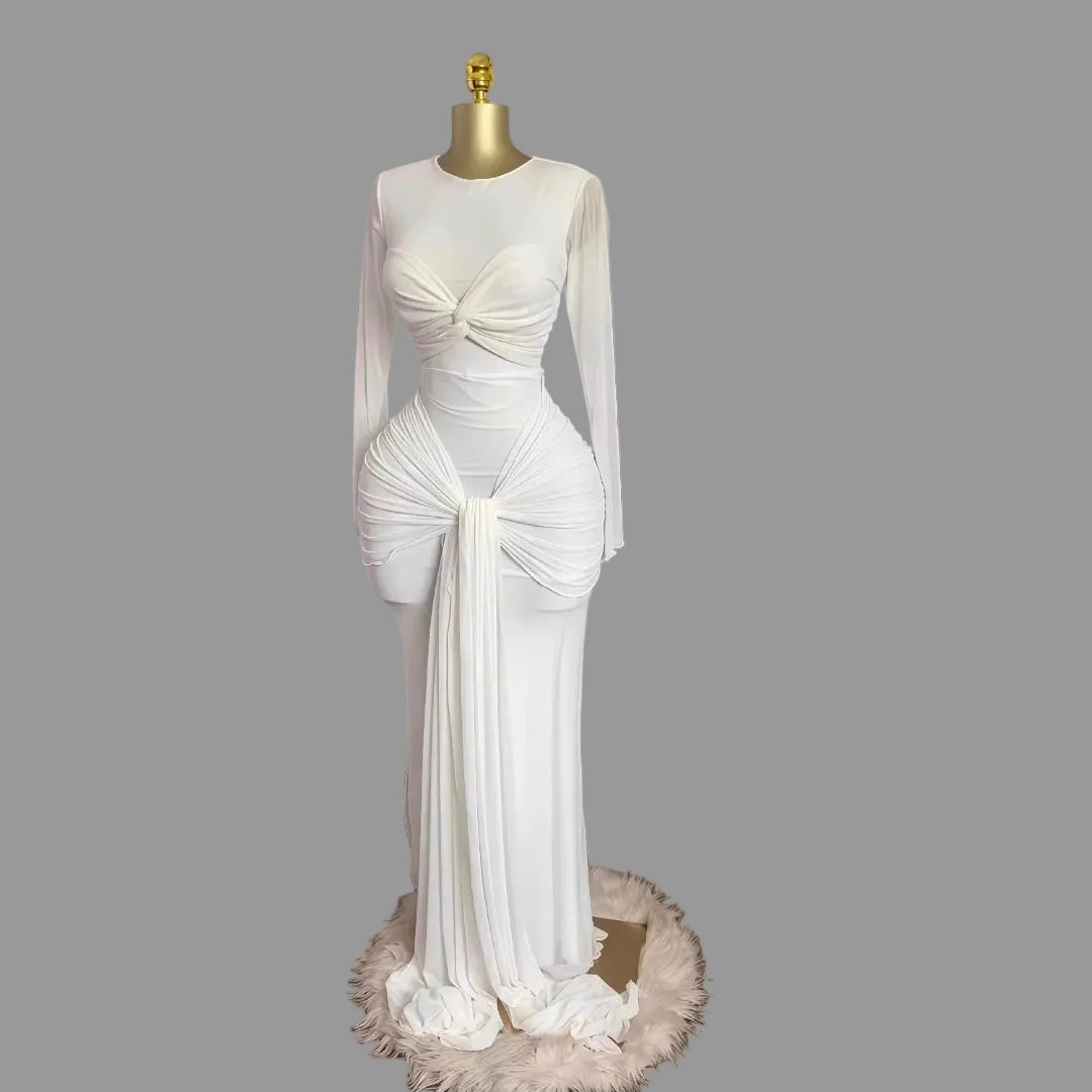 Woman Ruched Maxi Dress Long Sleeve Mesh Pleated Bodycon Femme Robe for Party Club Birthday