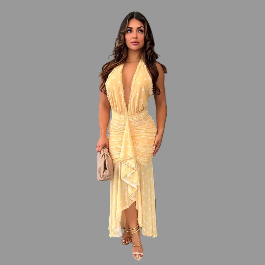 Halter Neck Polka Dot & Tie-Dye Midi Dress Deep V Ruched Sheer Mesh Ruffle Hem Party Dress for Women