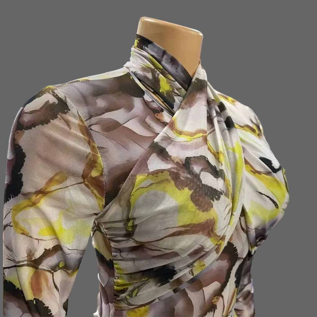 Tie Dye Print Ruched High Neck Long Sleeve Bodycon Maxi Dress Woman Casual Daily Dresses
