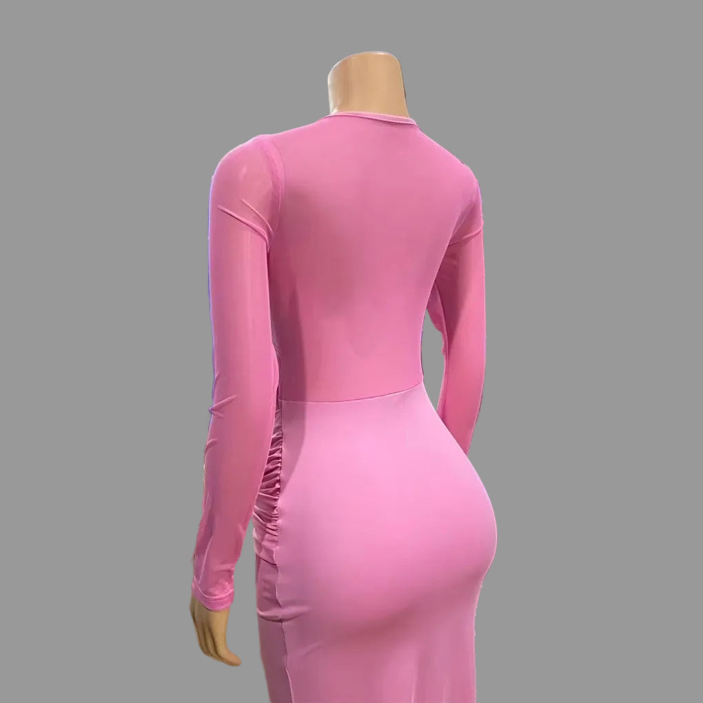 Woman Ruched Maxi Dress Long Sleeve Mesh Pleated Bodycon Femme Robe for Party Club Birthday