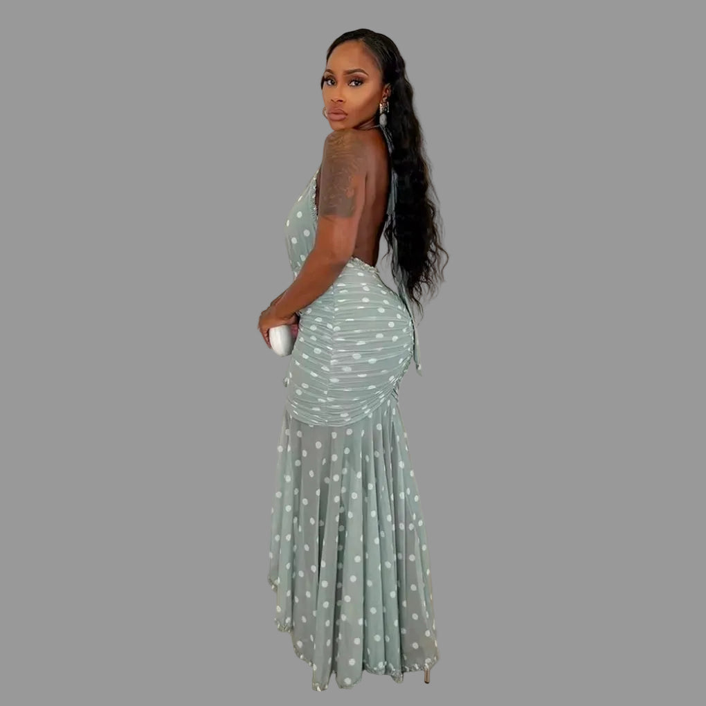 Halter Neck Polka Dot & Tie-Dye Midi Dress Deep V Ruched Sheer Mesh Ruffle Hem Party Dress for Women